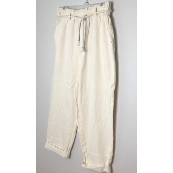 Gentle Fawn Ivory Cotton Paper Bag Cuffed Pants with Rope Belt Size L - Picture 2 of 7